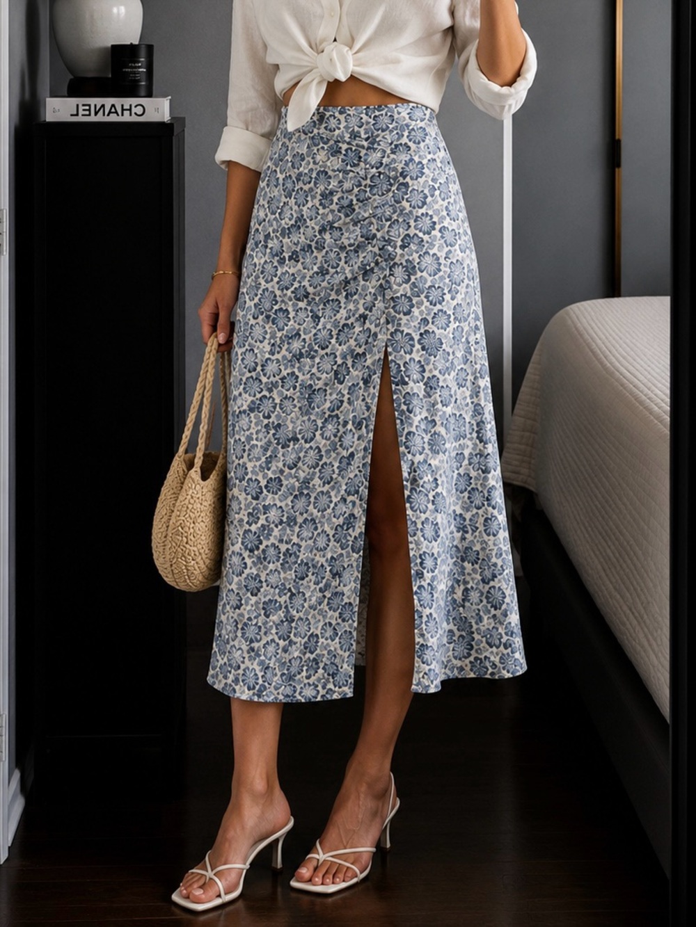 REFORMATION BLUE FLORAL RUCHED MIDI SKIRT